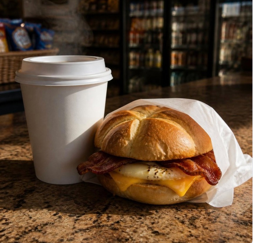 Coffee and a bacon, egg and cheese breakfast sandwich